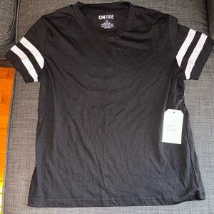 All black T-Shirt with white stripes on sleeves